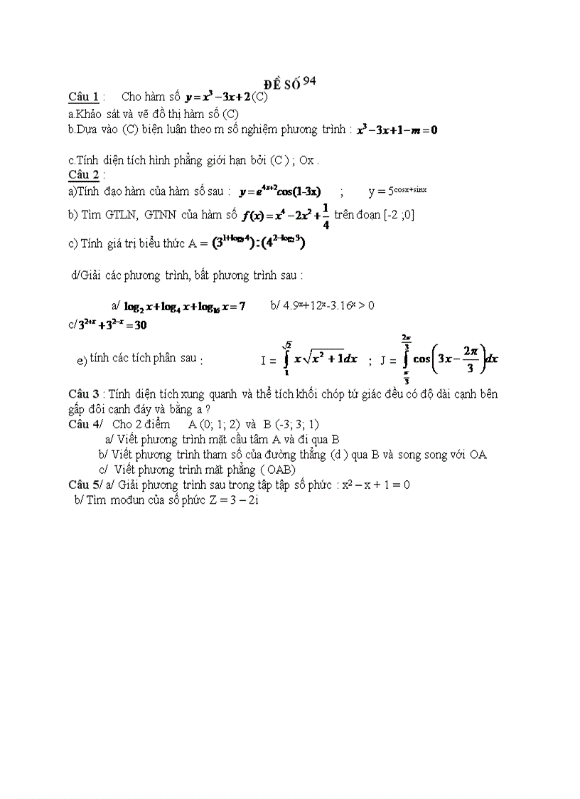 Đề thi tốt nghiệp toán THPT 104