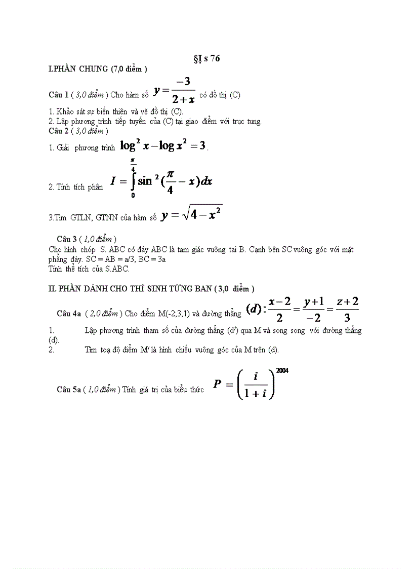 Đề thi tốt nghiệp toán THPT 99