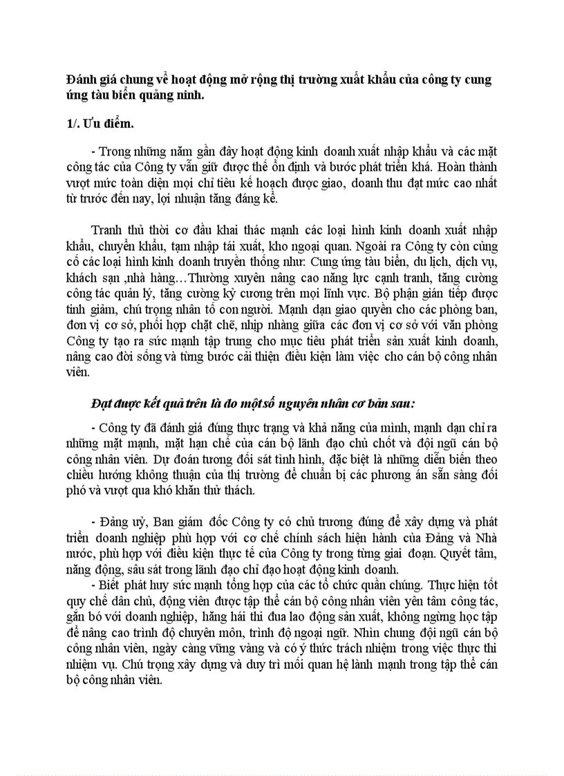 Đánh giá chung về hoạt động mở rộng thị trường xuất khẩu của công ty cung ứng tàu biển quảng ninh