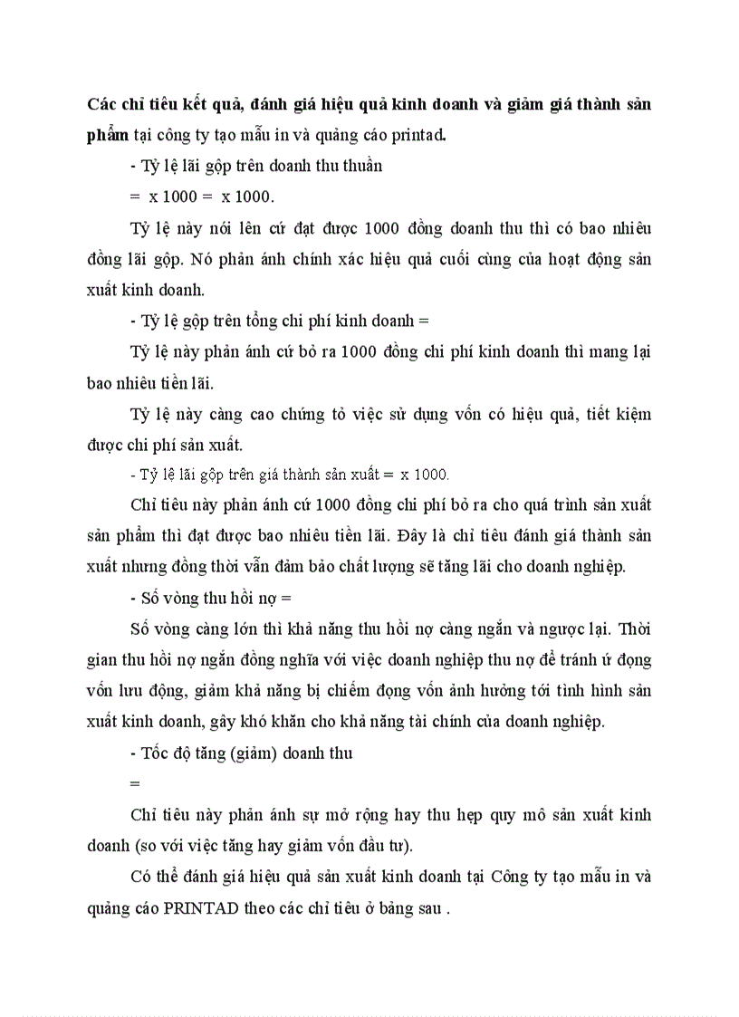 Các chỉ tiêu kết quả đánh giá hiệu quả kinh doanh và giảm giá thành sản phẩm tại công ty tạo mẫu in và quảng cáo printad