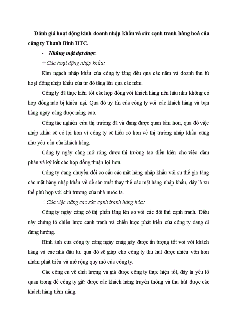 Đánh giá hoạt động kinh doanh nhập khẩu và sức cạnh tranh hàng hoá của công ty Thanh Bình HTC