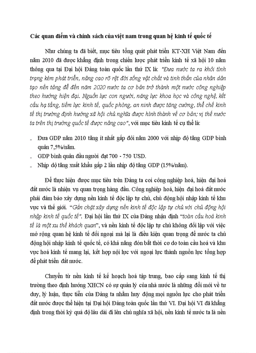 Các quan điểm và chính sách của việt nam trong quan hệ kinh tế quốc tế