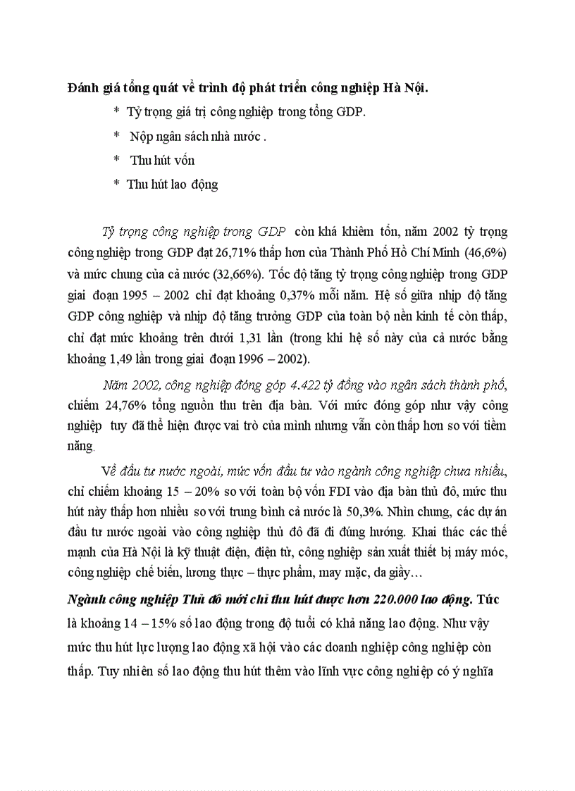 Đánh giá tổng quát về trình độ phát triển công nghiệp Hà Nội