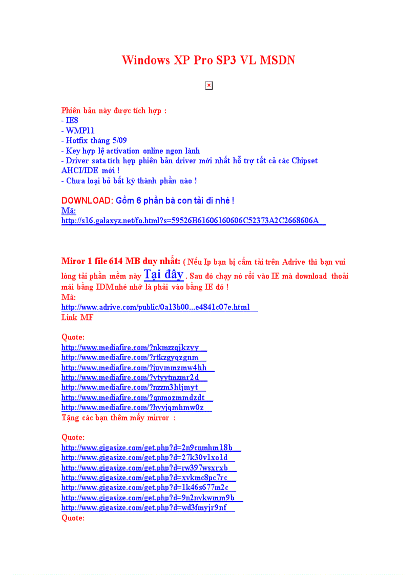 Windows XP Pro SP3 VL MSDN chưa chỉnh sửa key xịn và hotfix update tháng 5 09