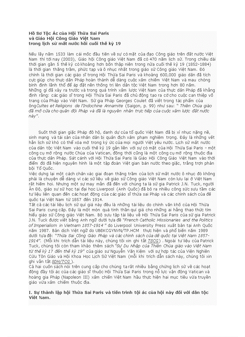 Hồ Sơ Tộc Ác của Hội Thừa Sai Paris và Giáo Hội Công Giáo Việt Nam trong lịch sử mất nước hồi cuối thế kỷ 19