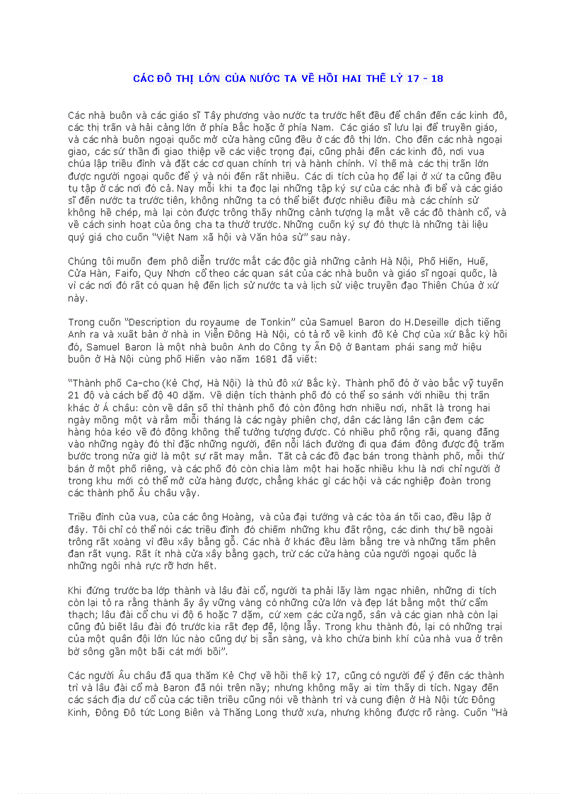Các đô thị lớn của nước ta về hồi hai thế lỷ 17 18