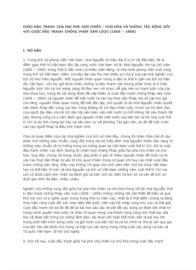 Cuộc đấu tranh của hai phe chủ chiến chủ hòa và những tác động đối với cuộc đấu tranh chống pháp xâm lược 1858 1888