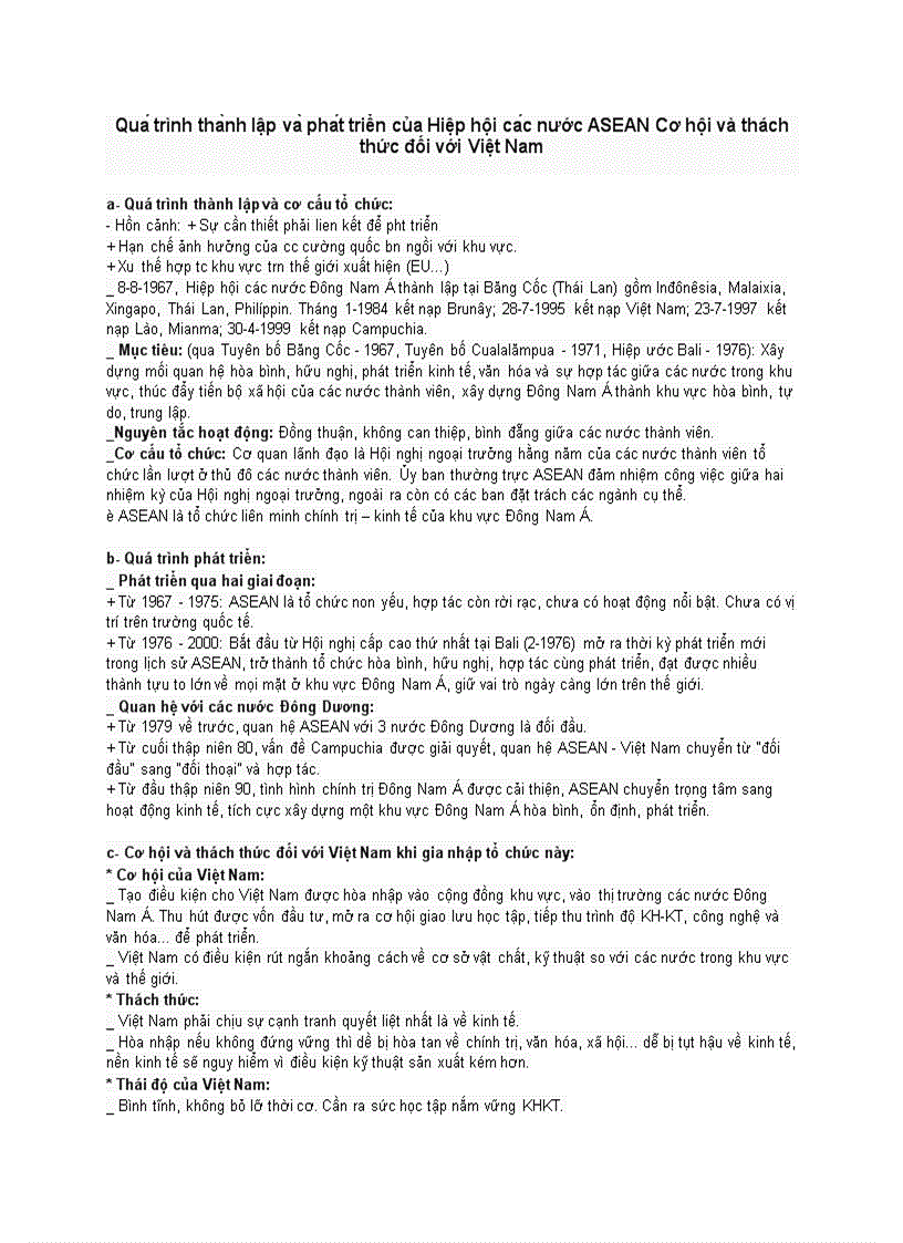 Quá trình thành lập và phát triển của Hiệp hội các nước ASEAN Cơ hội và thách thức đối với Việt Nam