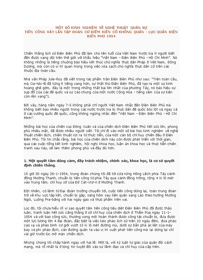 Một số kinh nghiệm về nghệ thuật quân sựtiến công vây lấn tập đoàn cứ điểm kiên cố không quân lục quân điện biên phủ 1954