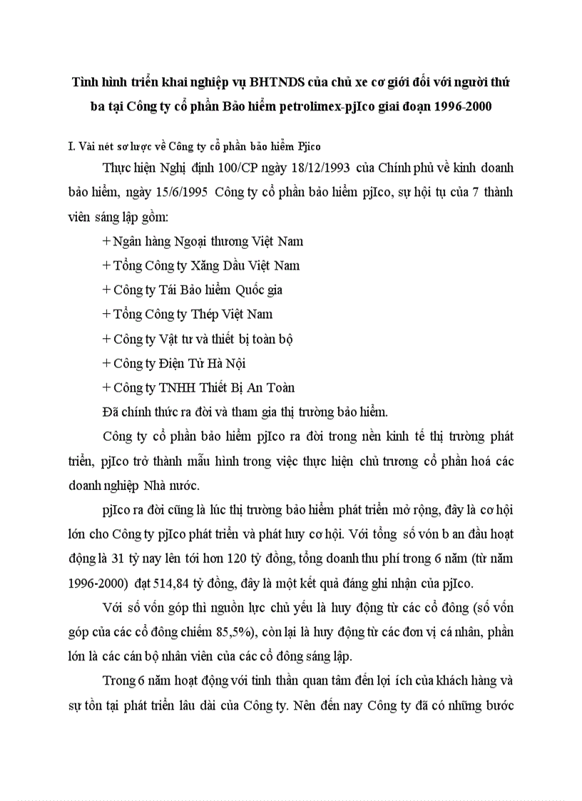Tình hình triển khai nghiệp vụ BHTNDS của chủ xe cơ giới đối với người thứ ba tại Công ty cổ phần Bảo hiểm petrolimex pjIco giai đoạn 1996 2000