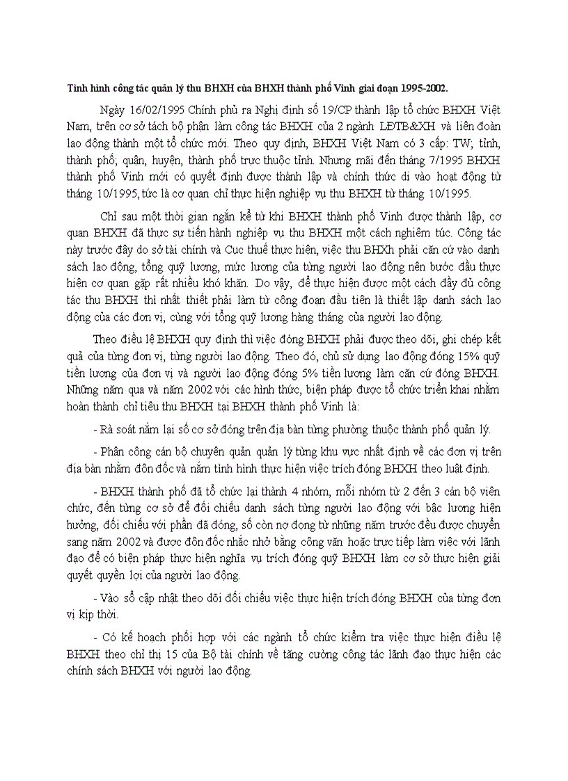 Tình hình công tác quản lý thu bảo hiểm xã hội của bảo hiểm xã hội thành phố Vinh giai đoạn 1995 2002