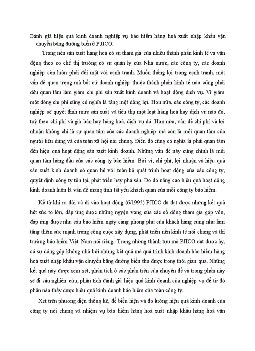 Đánh giá hiệu quả kinh doanh nghiệp vụ bảo hiểm hàng hoá xuất nhập khẩu vận chuyển bằng đường biển ở PJICO