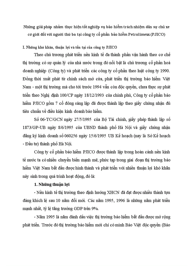 Những giải pháp nhằm thực hiện tốt nghiệp vụ bảo hiểm trách nhiệm dân sự chủ xe cơ giới đối với người thứ ba tại công ty cổ phần bảo hiểm Petrolimexx PJICO