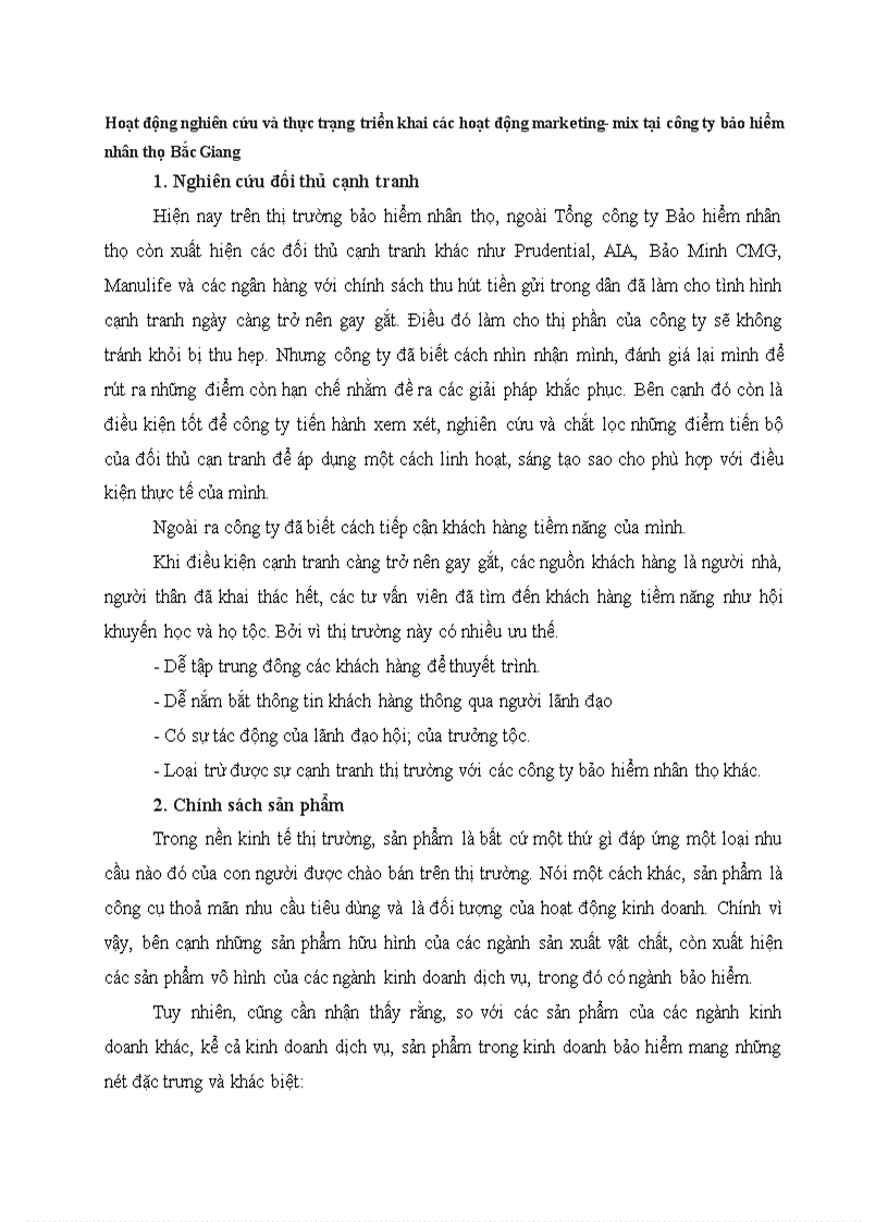 Hoạt động nghiên cứu và thực trạng triển khai các hoạt động marketing mix tại công ty bảo hiểm nhân thọ Bắc Giang