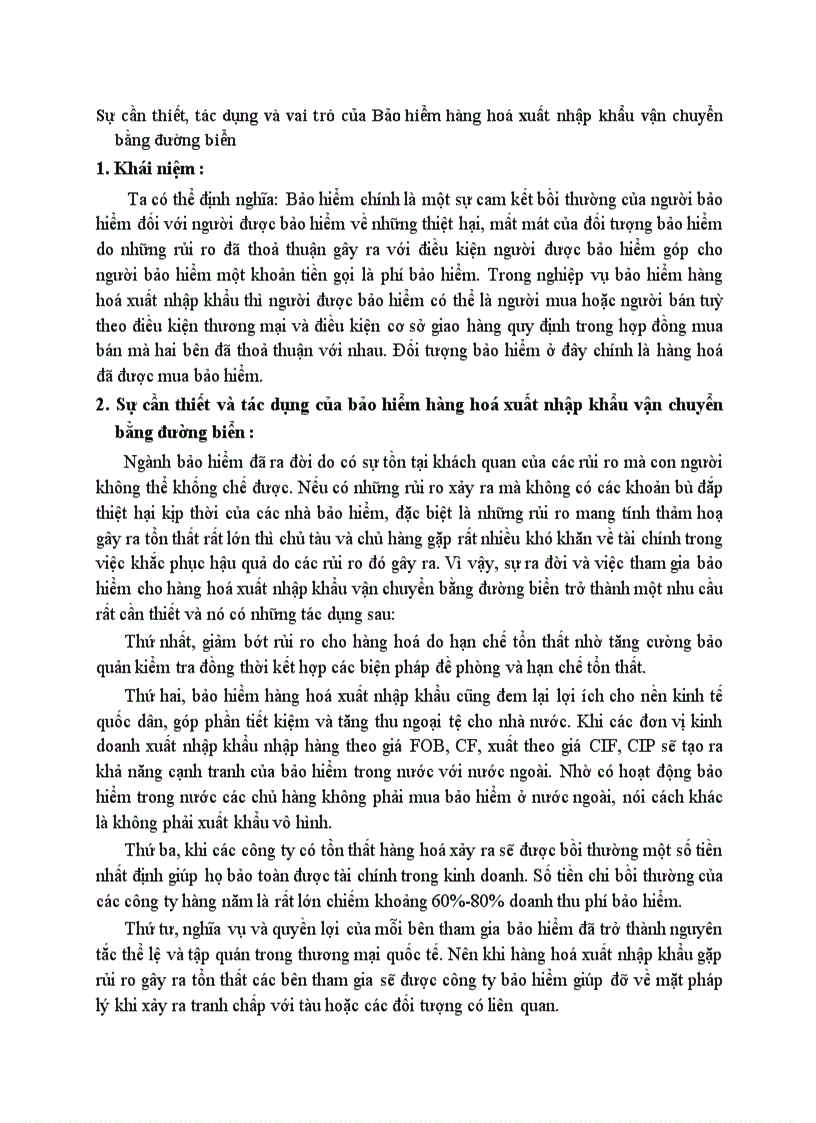 Sự cần thiết tác dụng và vai trò của Bảo hiểm hàng hoá xuất nhập khẩu vận chuyển bằng đường biển
