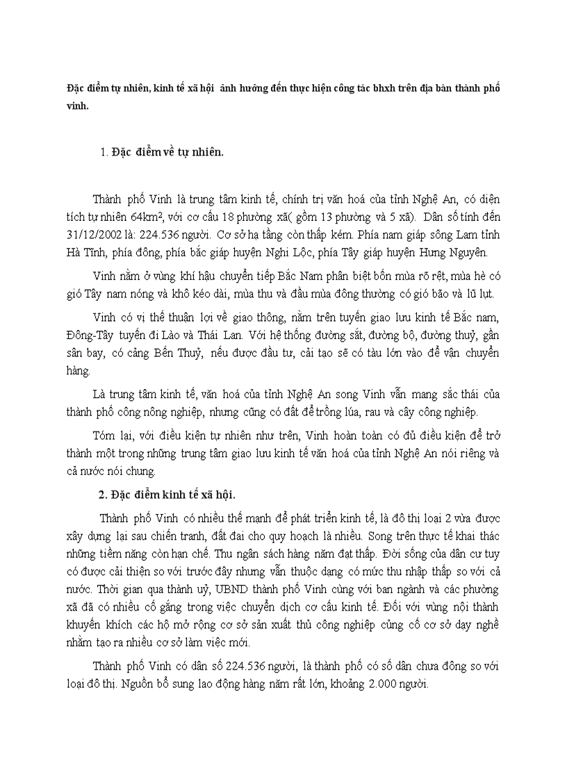 Đặc điểm tự nhiên kinh tế xã hội ảnh hưởng đến thực hiện công tác bhxh trên địa bàn thành phố vinh