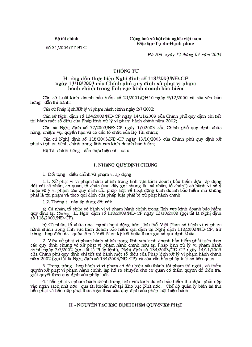 Thông tư 34 2004 của chính phủ quy định xử phạt vi phạm hành chính trong lĩnh vực kinh doanh BH