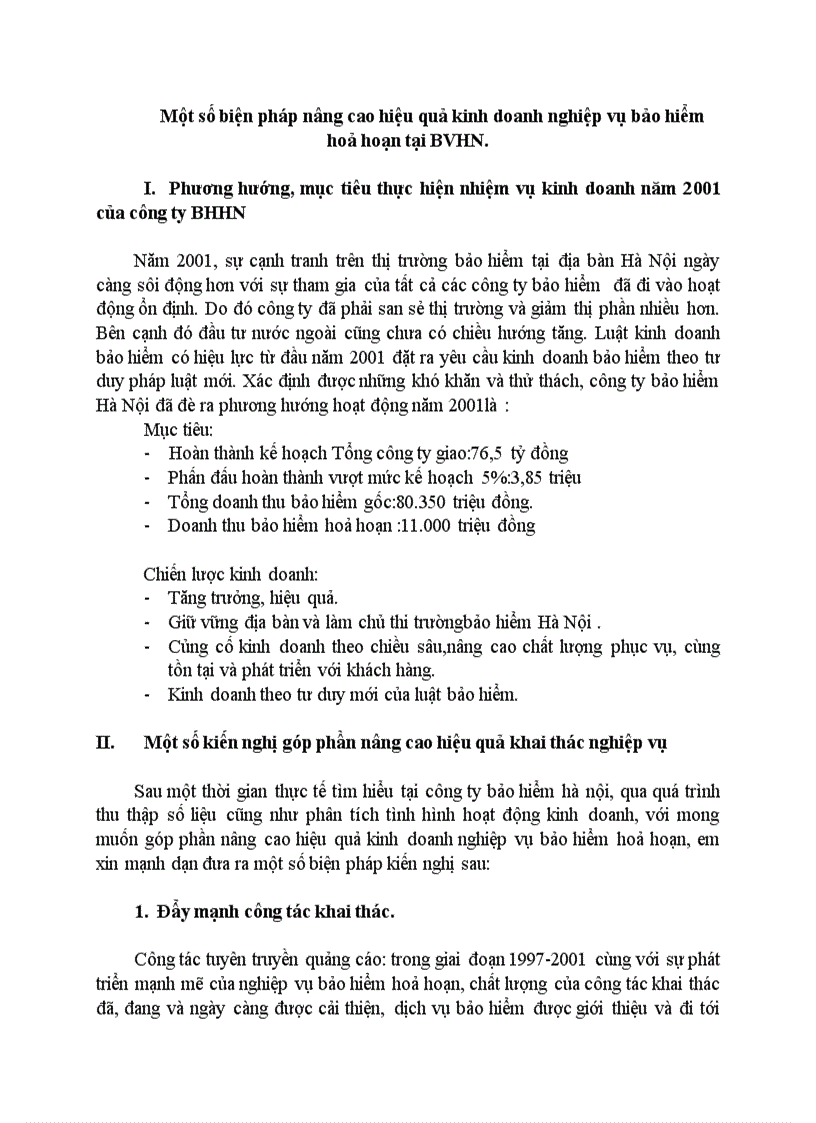 Một số biện pháp nâng cao hiệu quả kinh doanh nghiệp vụ bảo hiểm hoả hoạn tại BVHN