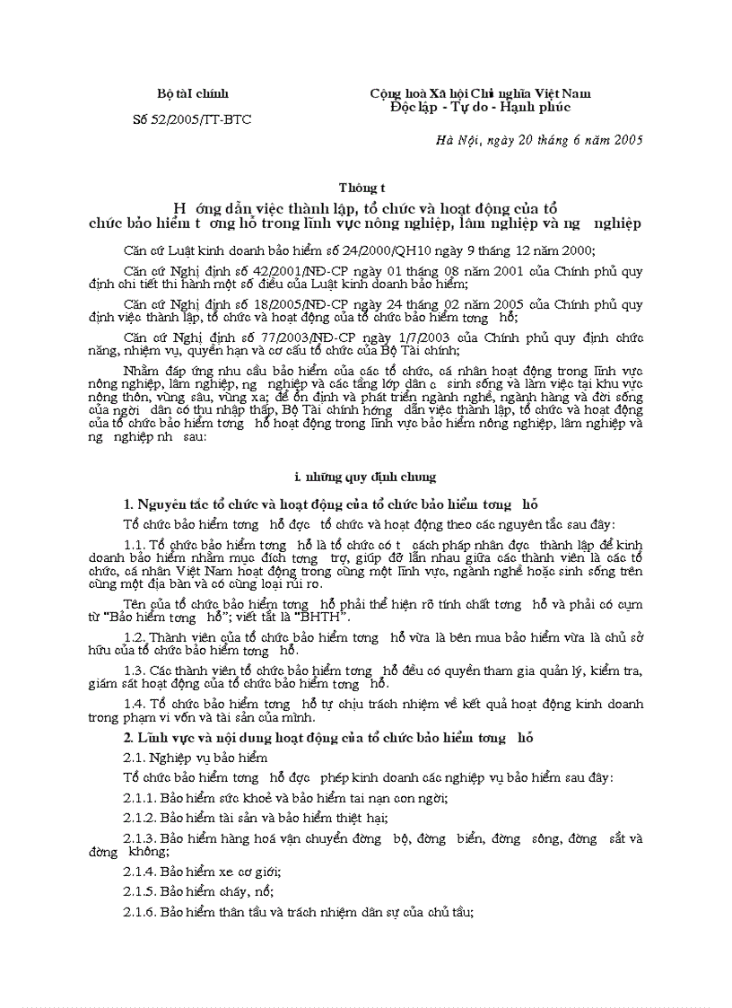 Thông tư 52 2005 Hướng dẫn việc thành lập tổ chức và hoạt động của tổ chức bảo hiểm tương hỗ trong lĩnh vực NN LN và Ngư nghiệp