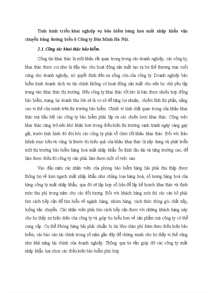 Tình hình triển khai nghiệp vụ bảo hiểm hàng hoá xuất nhập khẩu vận chuyển bằng đường biển ở Công ty Bảo Minh Hà Nội