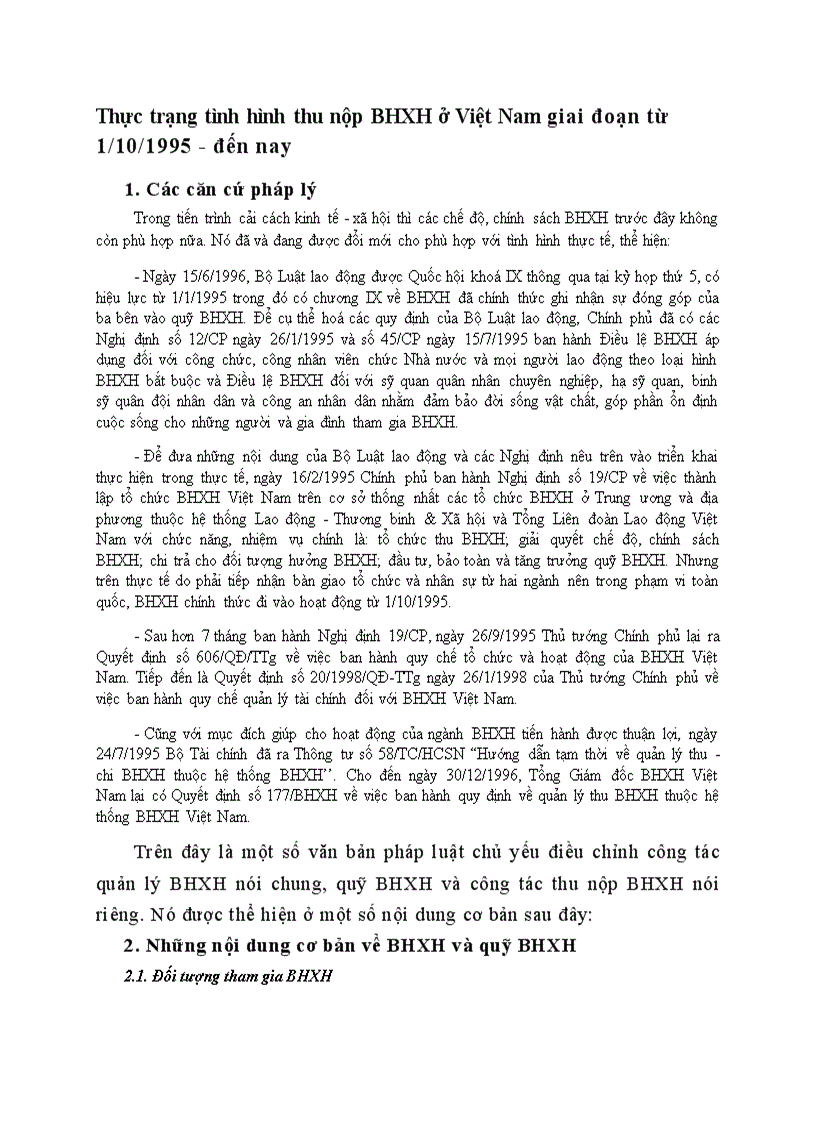 Thực trạng tình hình thu nộp bảo hiểm xã hội ở Việt Nam giai đoạn từ 1 10 1995 đến nay