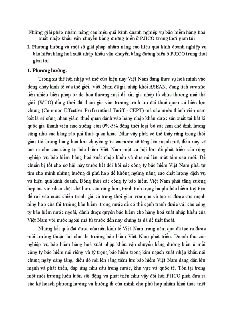 Những giải pháp nhằm nâng cao hiệu quả kinh doanh nghiệp vụ bảo hiểm hàng hoá xuất nhập khẩu vận chuyển bằng đường biển ở PJICO trong thời gian tới