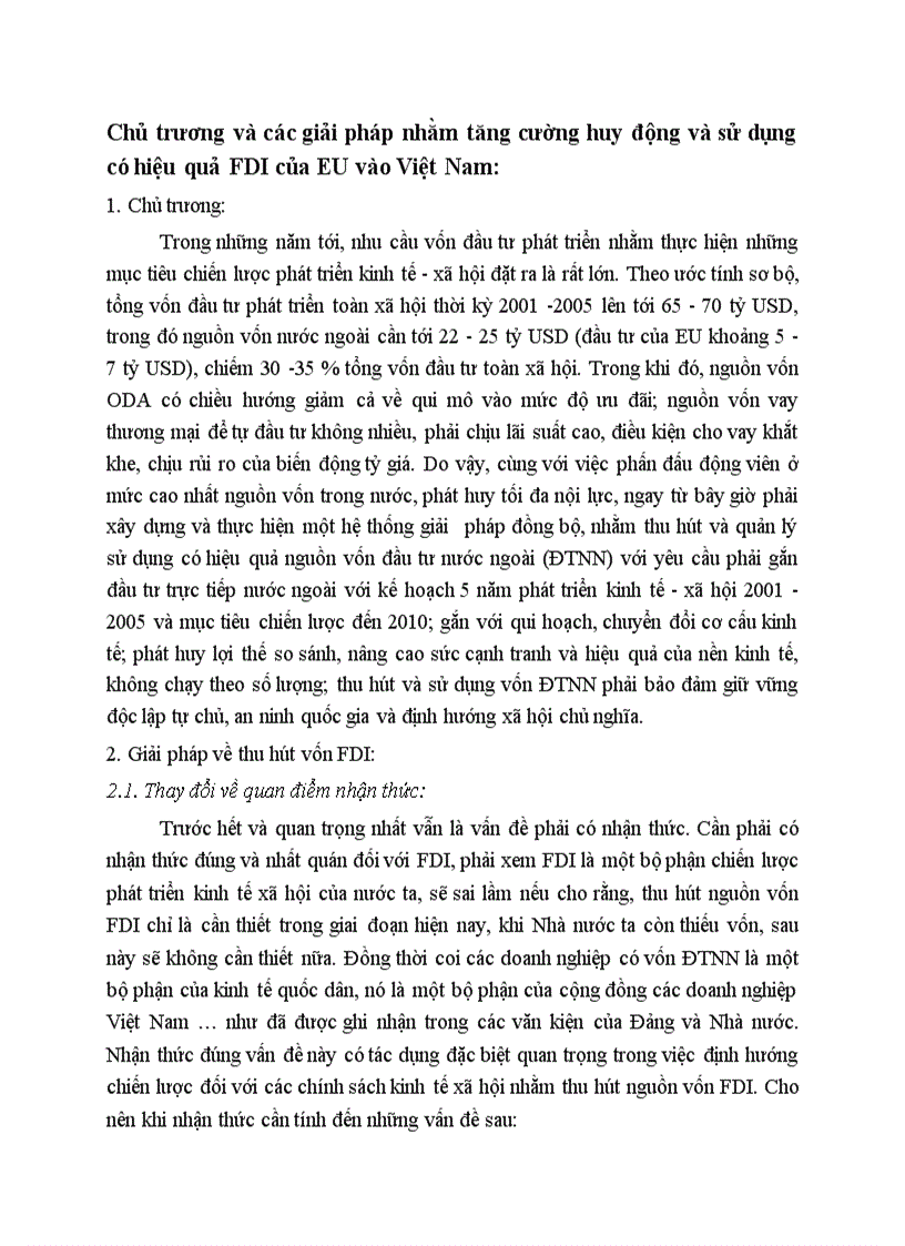 Chủ trương và các giải pháp nhằm tăng cường huy động và sử dụng có hiệu quả FDI của EU vào Việt Nam