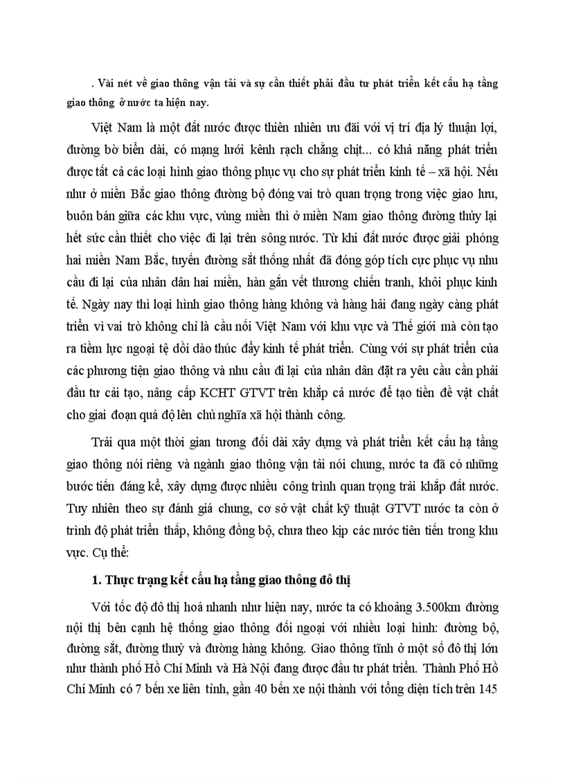 Vài nét về giao thông vận tải và sự cần thiết phải đầu tư phát triển kết cấu hạ tầng giao thông ở nước ta hiện nay