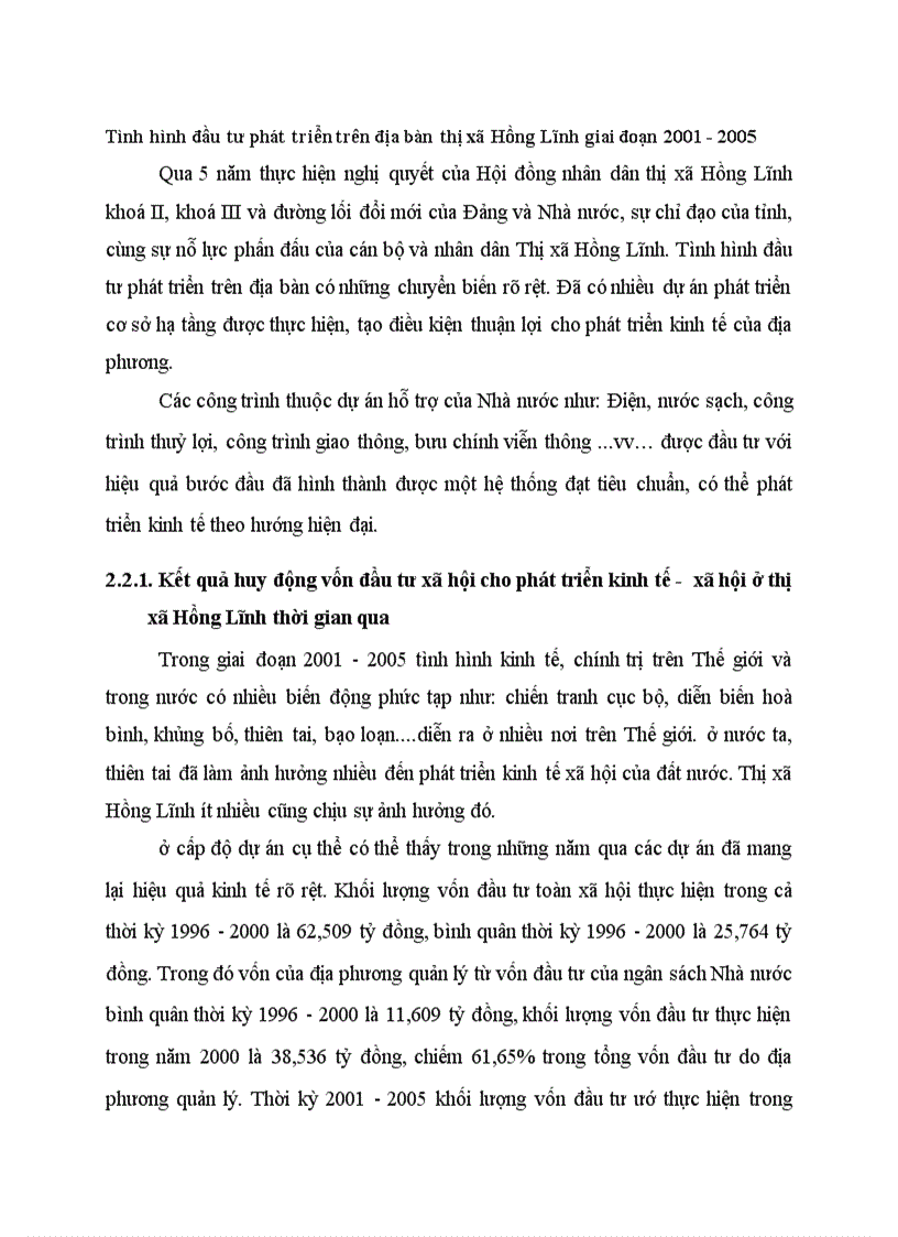 Tình hình đầu tư phát triển trên địa bàn thị xã Hồng Lĩnh giai đoạn 2001 2005