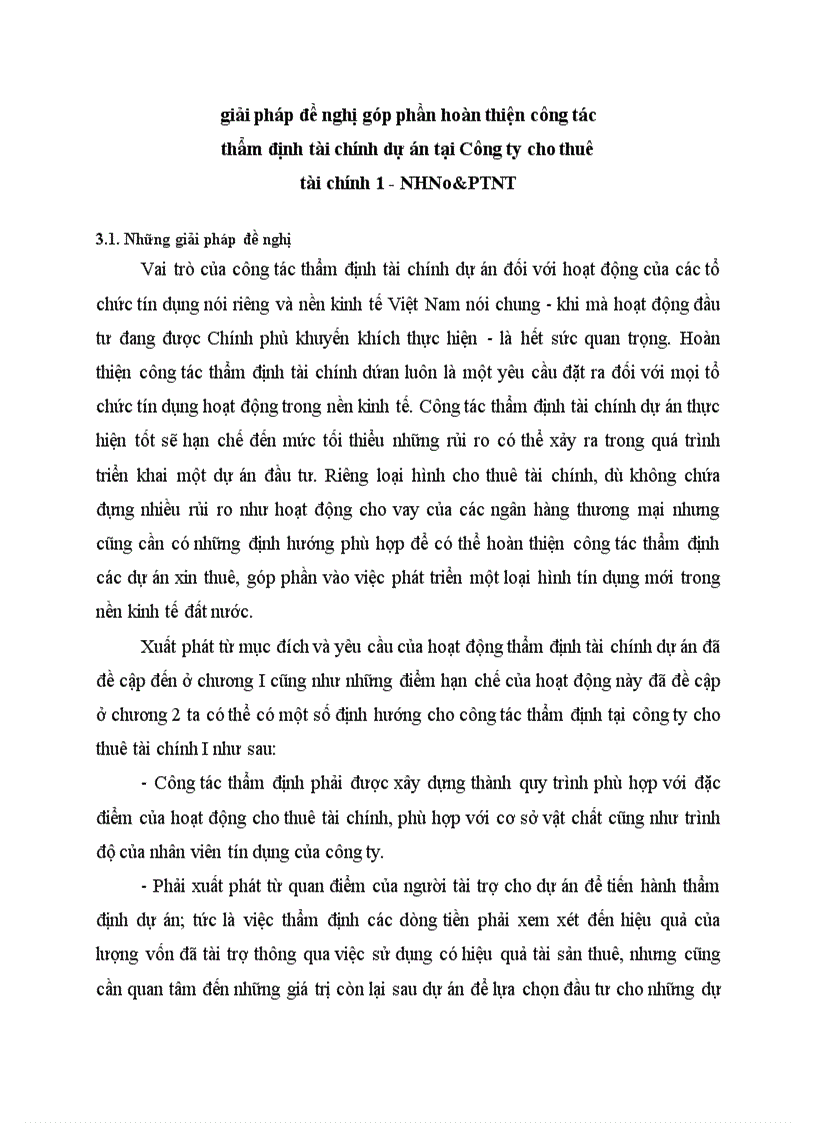 Giải pháp đề nghị góp phần hoàn thiện công tác thẩm định tài chính dự án tại Công ty cho thuê tài chính NHNo PTNT