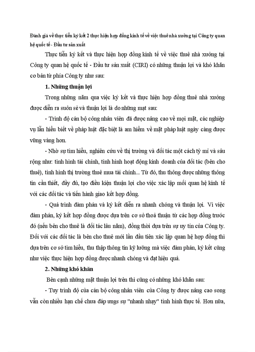 Đánh giá về thực tiễn ký kết 2 thực hiện hợp đồng kinh tế về việc thuê nhà xưởng tại Công ty quan hệ quốc tế Đầu tư sản xuất