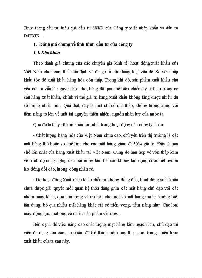 Thực trạng đầu tư hiệu quả đầu tư sản xuất kinh doanh của Công ty xuất nhập khẩu và đầu tư IMEXIN