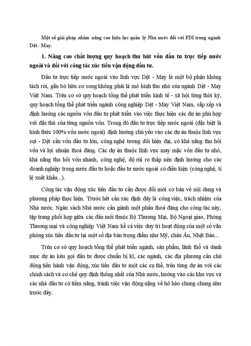 Một số giải pháp nhằm nâng cao hiệu lực quản lý Nhà nước đối với FDI trong ngành Dệt May