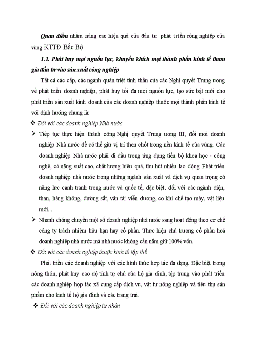 Quan điểm nhằm nâng cao hiệu quả của đầu tư phát triển công nghiệp của vùng KTTĐ Bắc Bộ