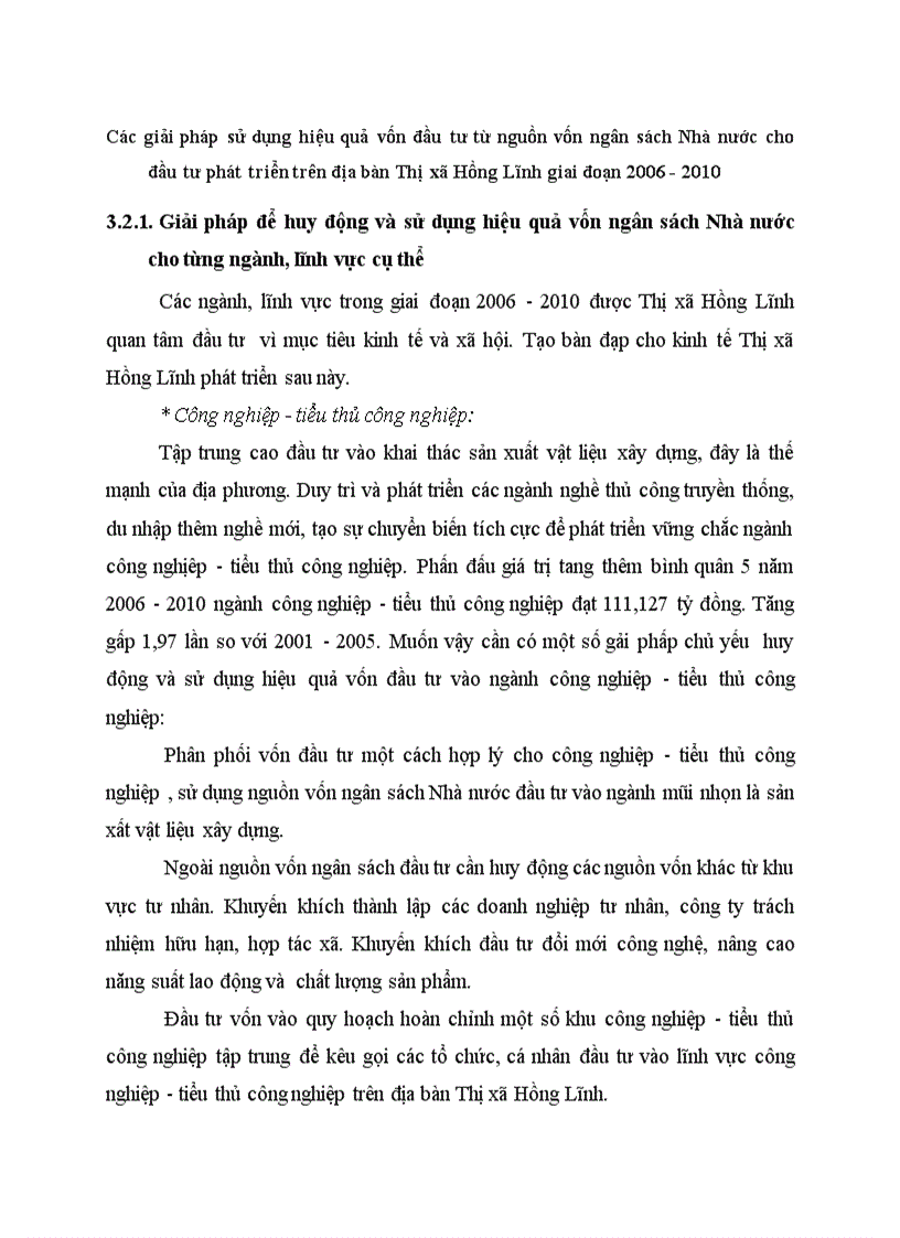 Các giải pháp sử dụng hiệu quả vốn đầu tư từ nguồn vốn ngân sách Nhà nước cho đầu tư phát triển trên địa bàn Thị xã Hồng Lĩnh giai đoạn 2006 2010