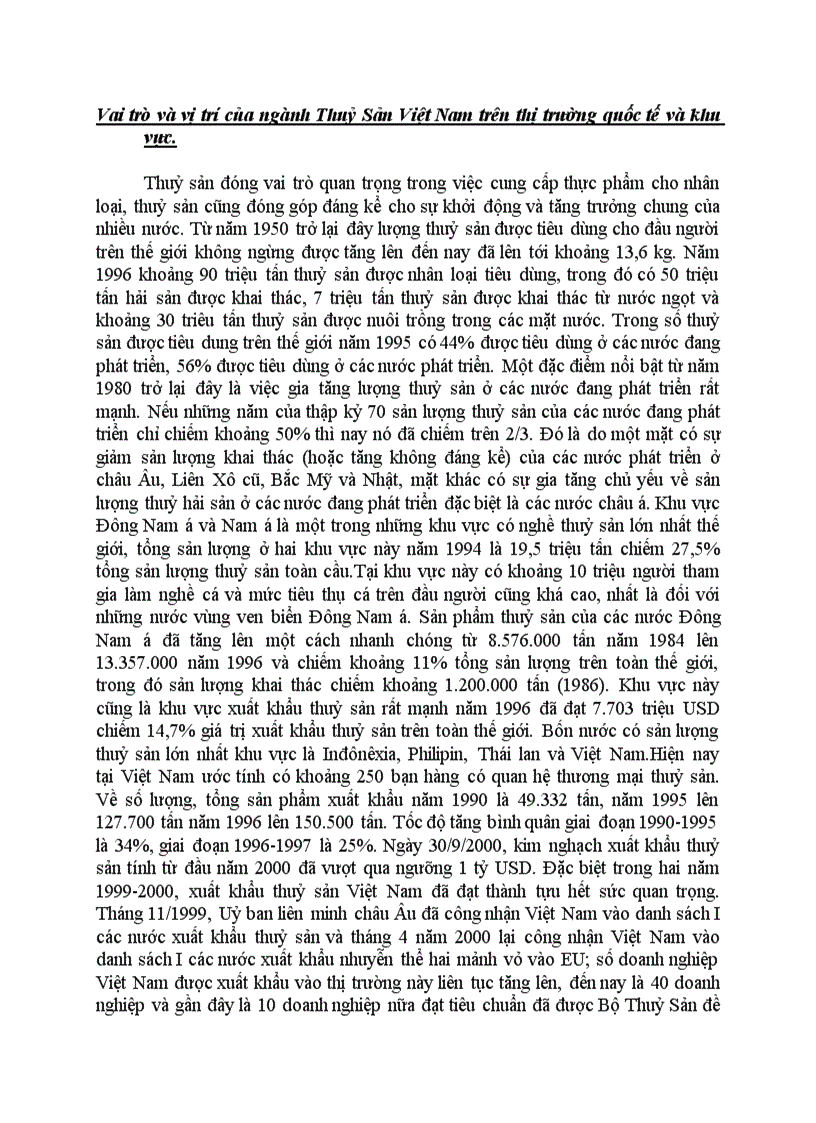 Vai trò và vị trí của ngành Thuỷ Sản Việt Nam trên thị trường quốc tế và khu vực
