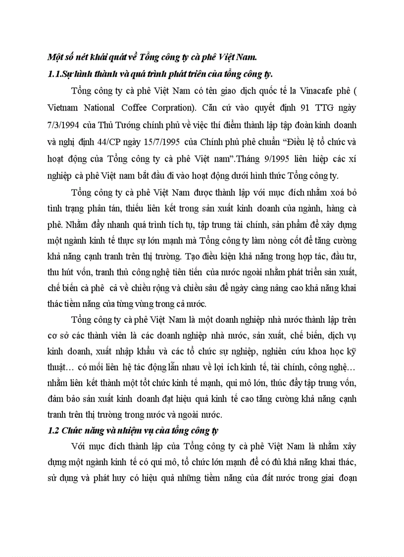 Một số nét khái quát về Tổng công ty cà phê Việt Nam