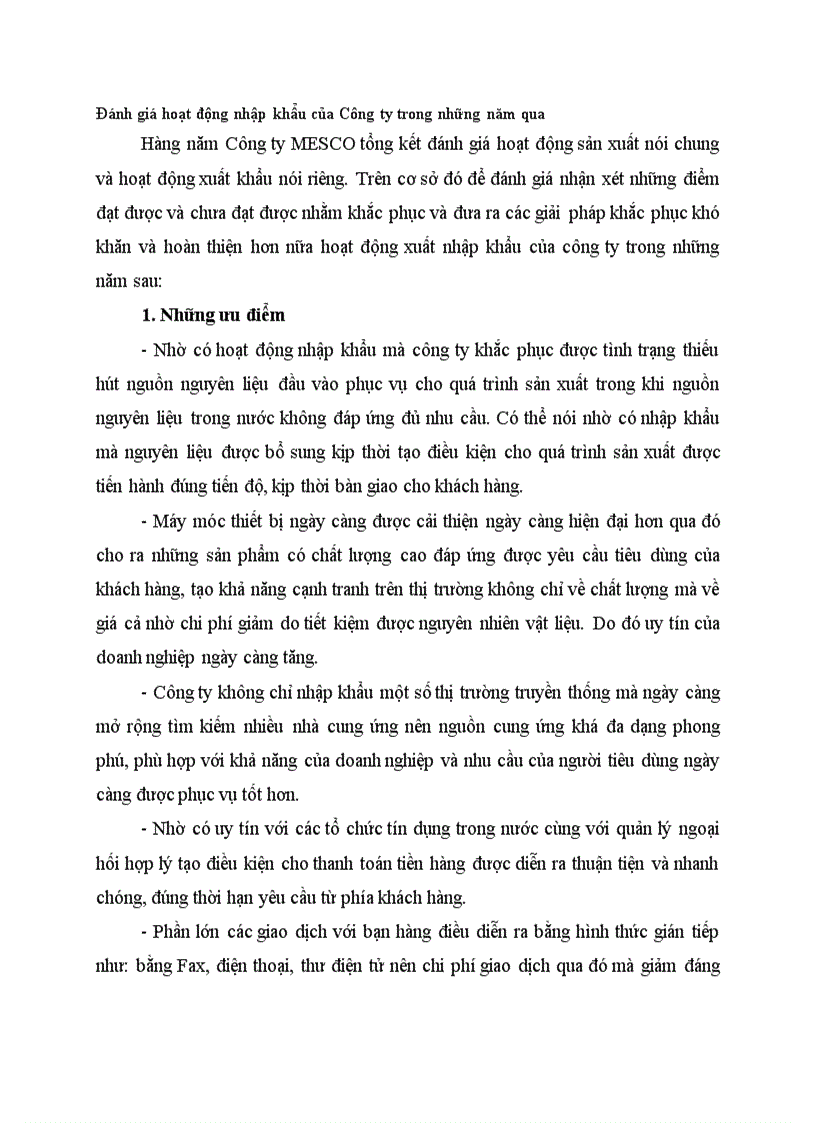 Đánh giá hoạt động nhập khẩu của Công ty MESCO trong những năm qua