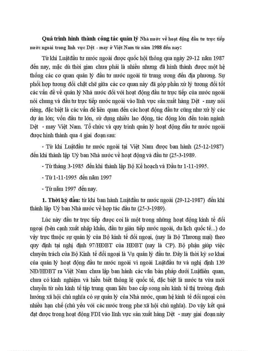 Quá trình hình thành công tác quản lý Nhà nước về hoạt động đầu tư trực tiếp nước ngoài trong lĩnh vực Dệt may ở Việt Nam từ năm 1988 đến nay