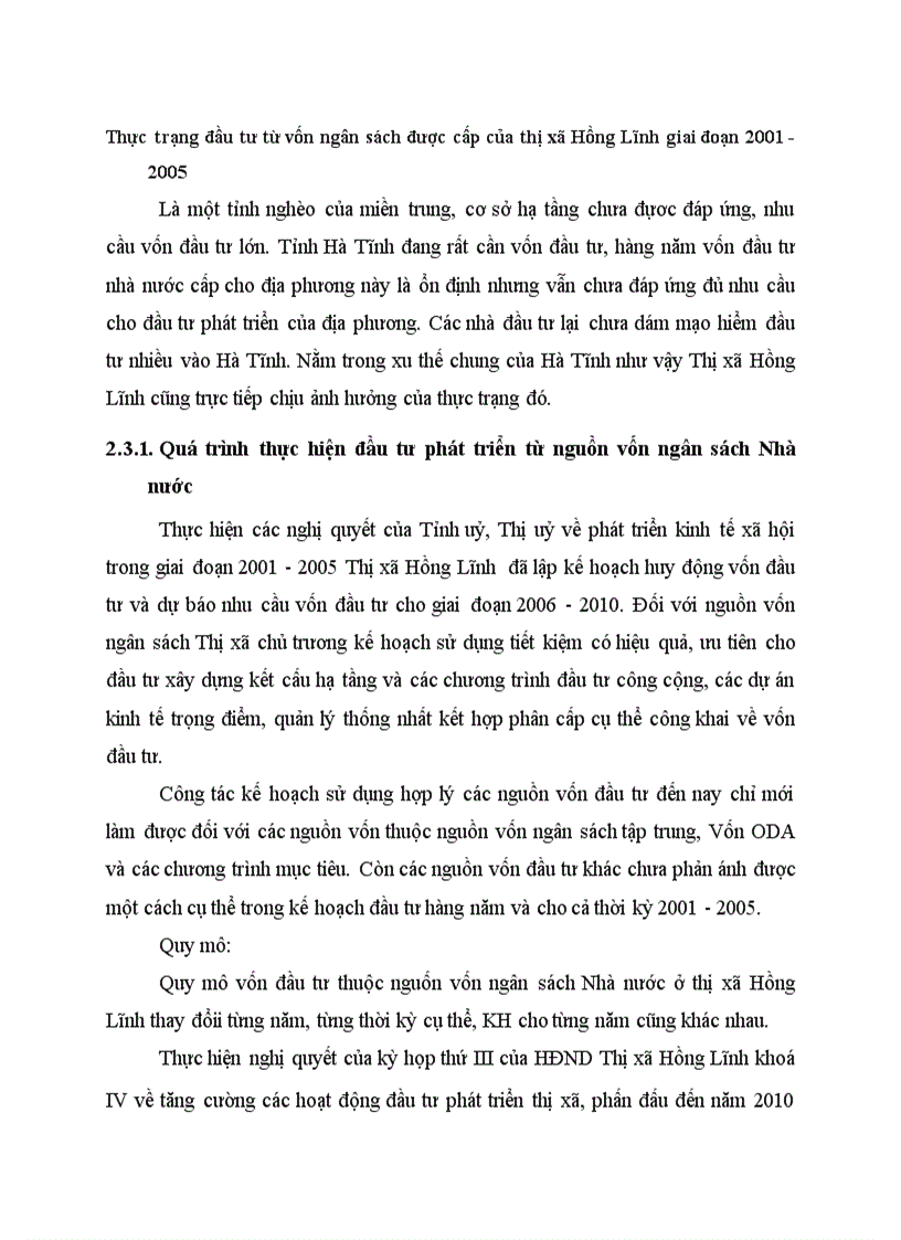 Thực trạng đầu tư từ vốn ngân sách được cấp của thị xã Hồng Lĩnh giai đoạn 2001 2005