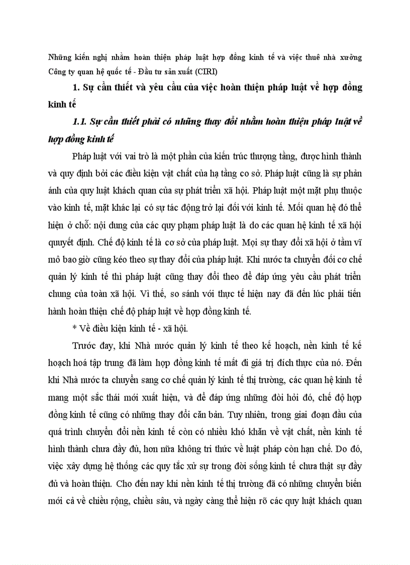 Những kiến nghị nhằm hoàn thiện pháp luật hợp đồng kinh tế và việc thuê nhà xưởng Công ty quan hệ quốc tế Đầu tư sản xuất CIRI