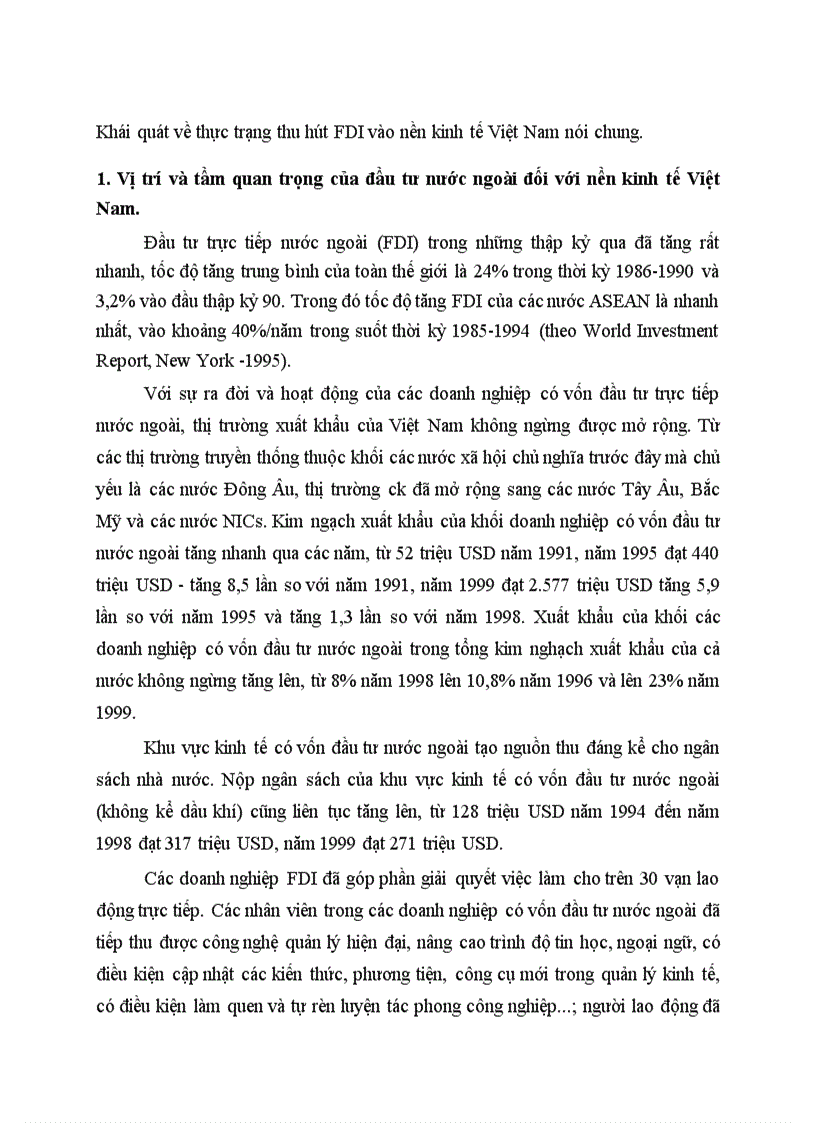 Khái quát về thực trạng thu hút FDI vào nền kinh tế Việt Nam nói chung
