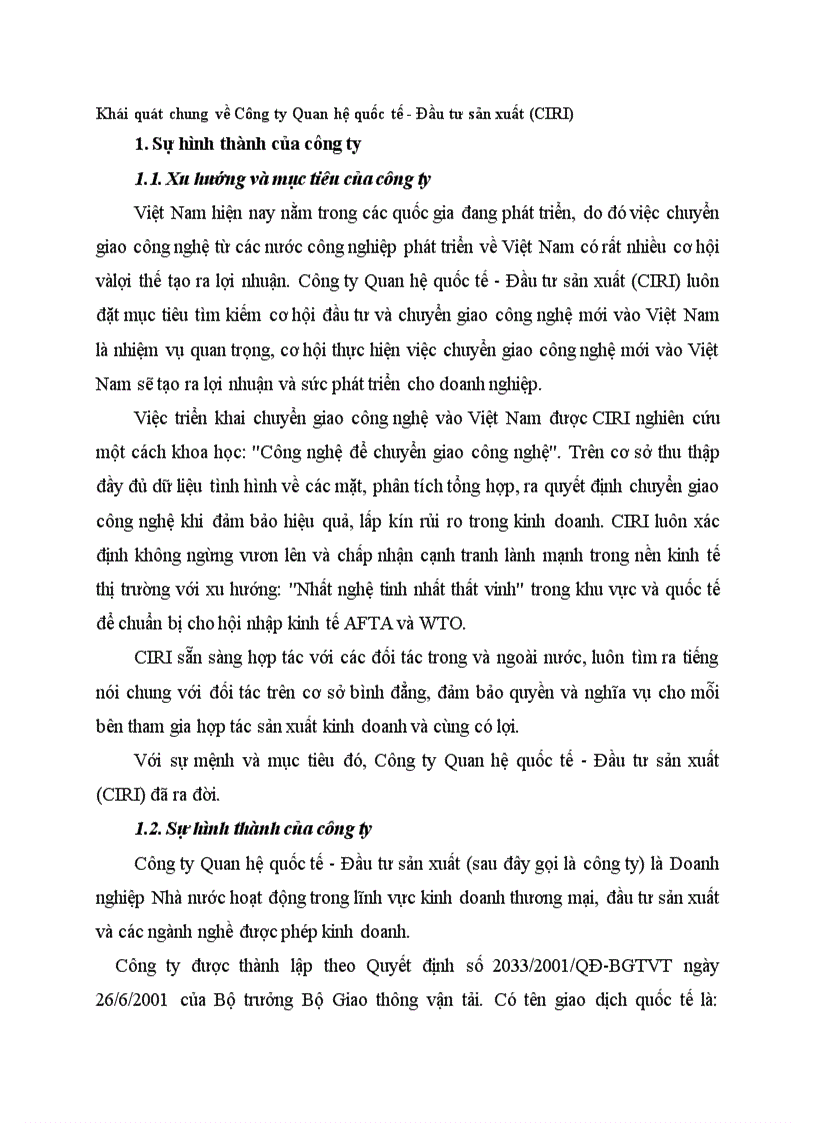 Khái quát chung về Công ty Quan hệ quốc tế Đầu tư sản xuất CIRI