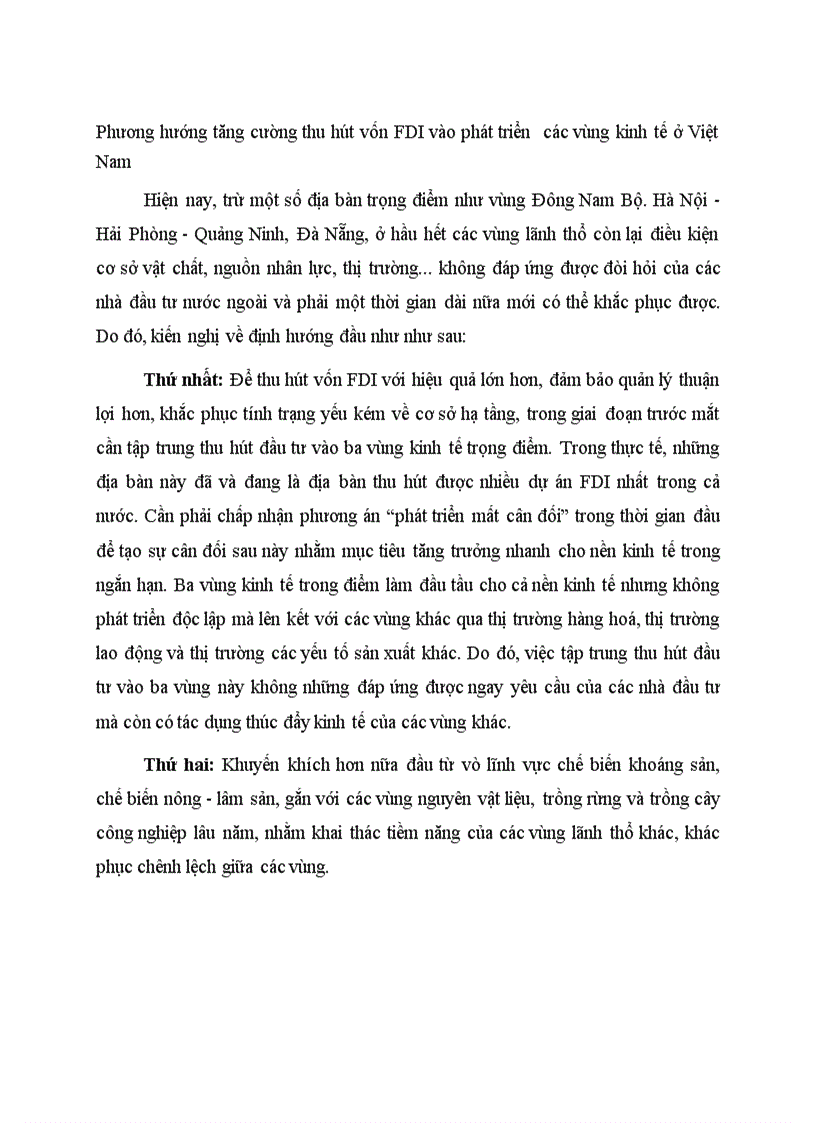 Phương hướng tăng cường thu hút vốn FDI vào phát triển các vùng kinh tế ở Việt Nam