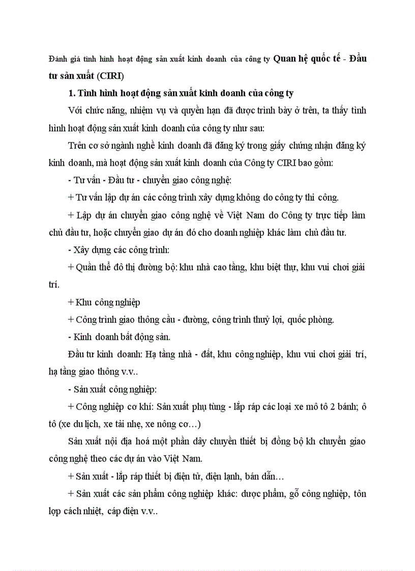 Đánh giá tình hình hoạt động sản xuất kinh doanh của công ty Quan hệ quốc tế Đầu tư sản xuất CIRI