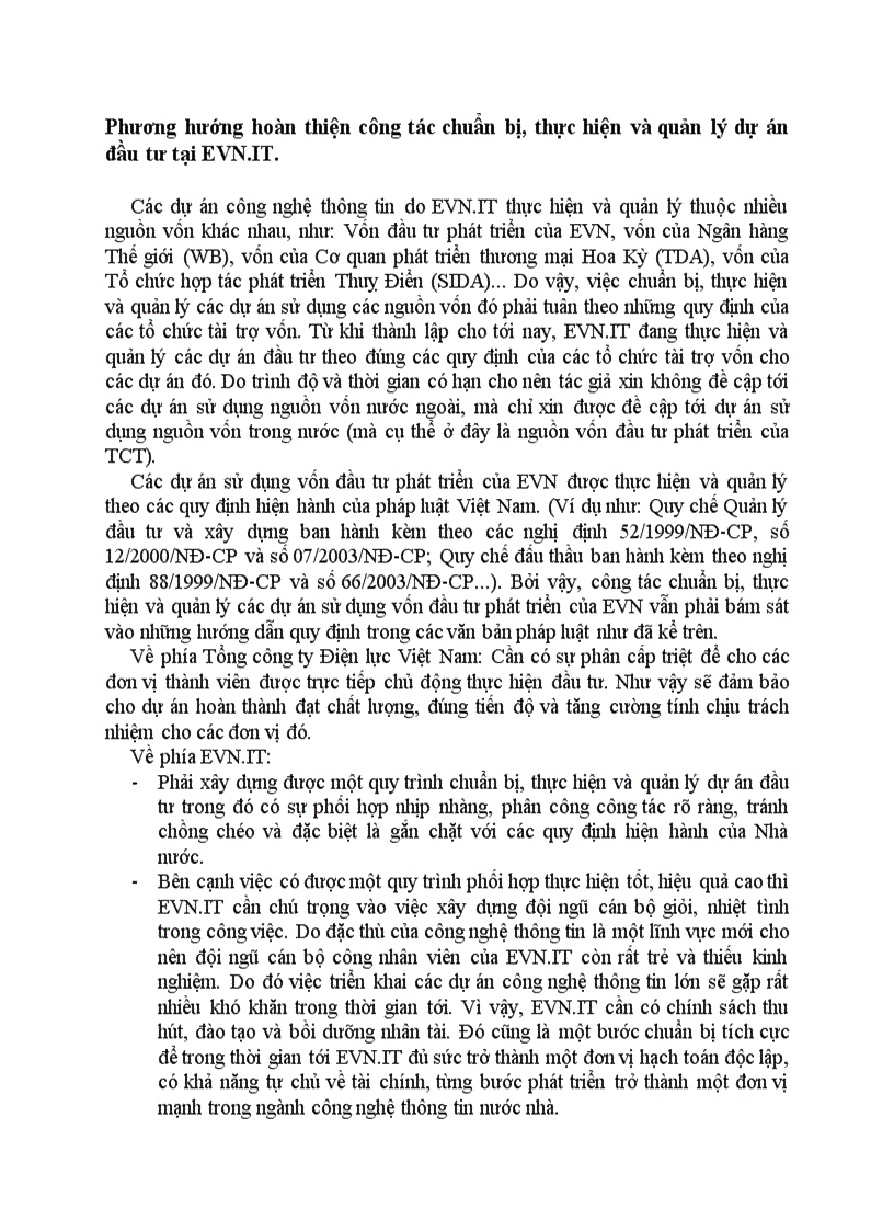 Phương hướng hoàn thiện công tác chuẩn bị thực hiện và quản lý dự án đầu tư tại EVN IT