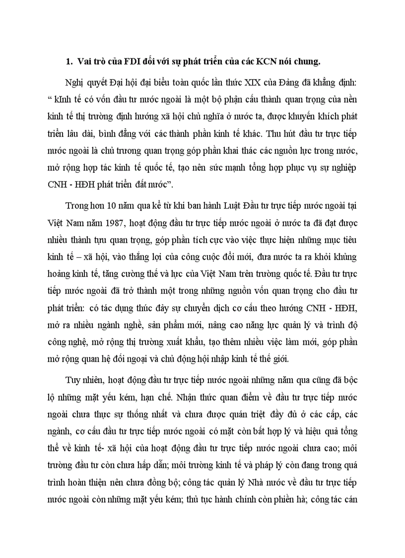 Vai trò của FDI đối với sự phát triển của các KCN nói chung
