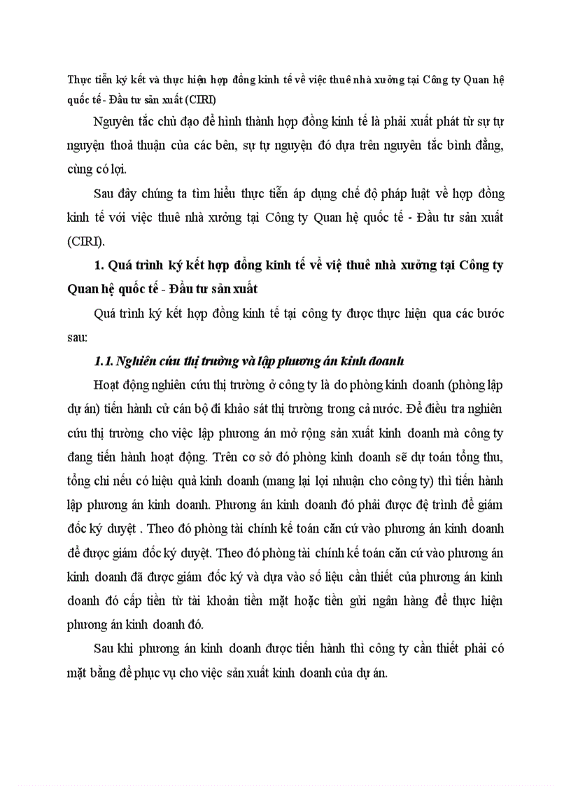 Thực tiễn ký kết và thực hiện hợp đồng kinh tế về việc thuê nhà xưởng tại Công ty Quan hệ quốc tế Đầu tư sản xuất CIRI