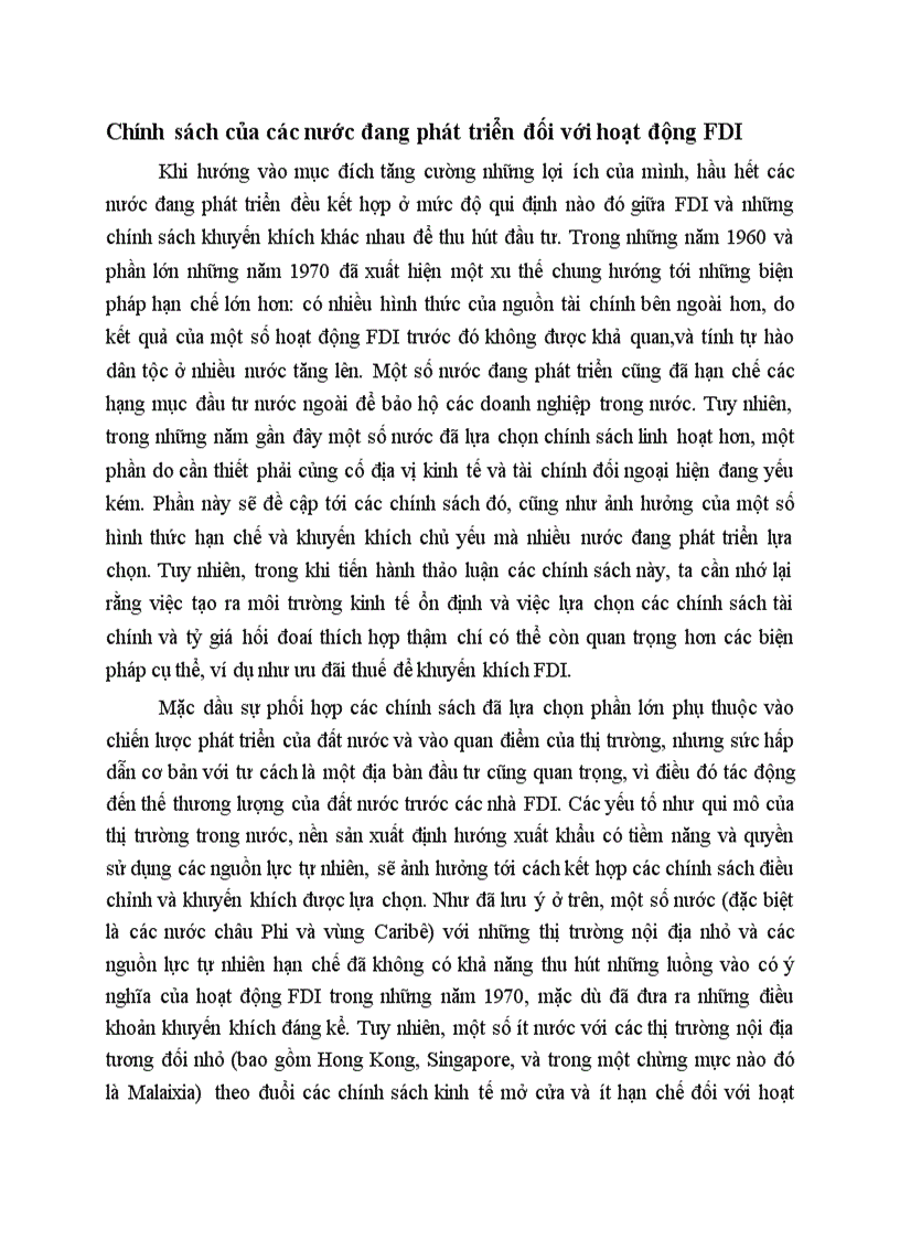 Chính sách của các nước đang phát triển đối với hoạt động FDI