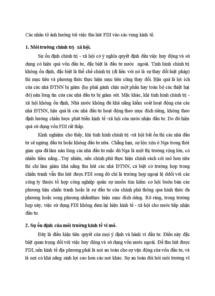 Các nhân tố ảnh hưởng tới việc thu hút FDI vào các vùng kinh tế